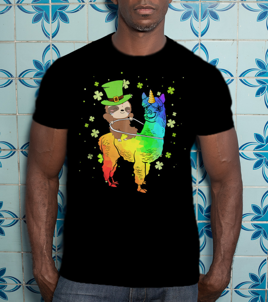 Leprechaun Sloth Riding Rainbow Llama Unicorn St Patrick's Clover T-Shirt