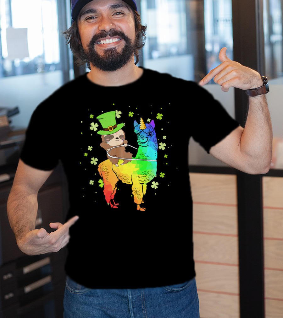 Leprechaun Sloth Riding Rainbow Llama Unicorn St Patrick's Clover T-Shirt
