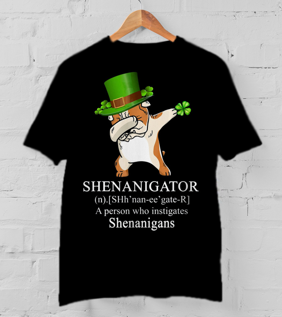 Shenanigator Dabbing Bulldog Instigates Shenanigans With Shamrock Hat T-Shirt