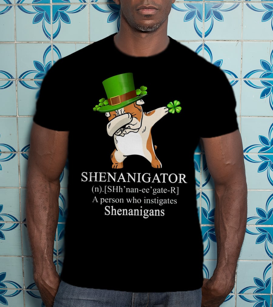 Shenanigator Dabbing Bulldog Instigates Shenanigans With Shamrock Hat T-Shirt