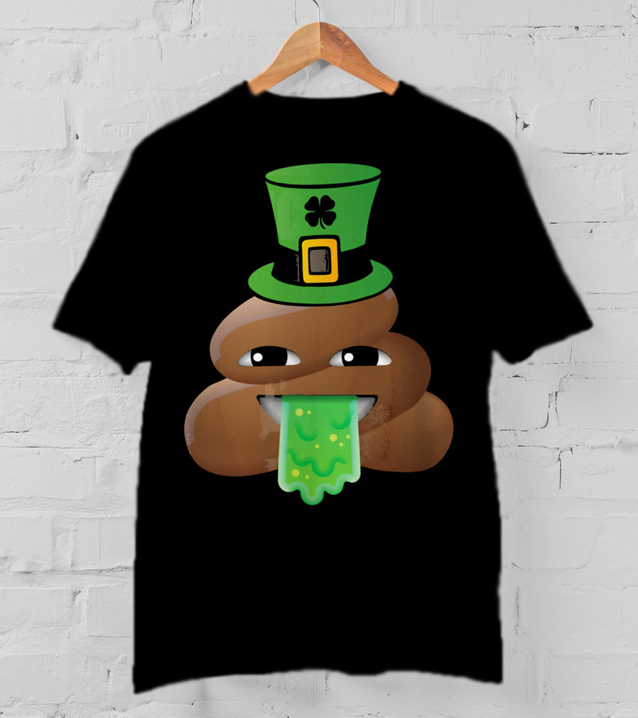 St Patricks Day Funny Leprechaun Poop Emoji Hat And Green Slime Tongue T-Shirt