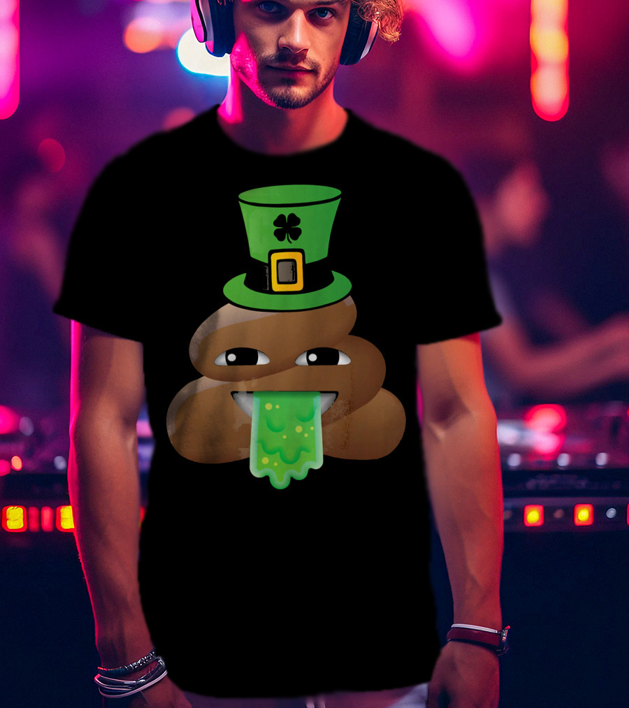 St Patricks Day Funny Leprechaun Poop Emoji Hat And Green Slime Tongue T-Shirt