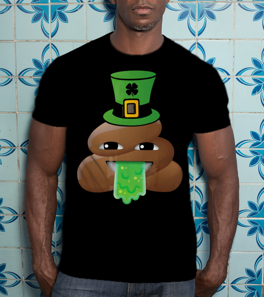 St Patricks Day Funny Leprechaun Poop Emoji Hat And Green Slime Tongue T-Shirt