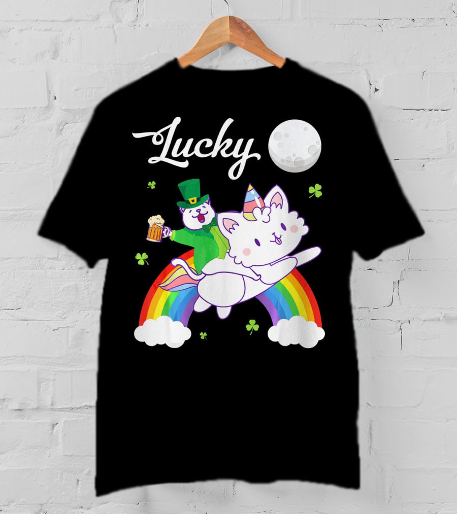 Lucky Leprechaun Cat Riding Unicorn Cat Over Rainbow With Beer And Moon T-Shirt