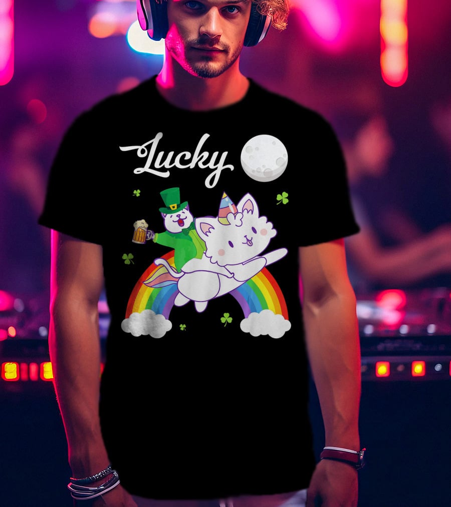 Lucky Leprechaun Cat Riding Unicorn Cat Over Rainbow With Beer And Moon T-Shirt