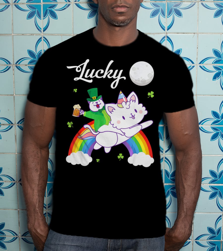 Lucky Leprechaun Cat Riding Unicorn Cat Over Rainbow With Beer And Moon T-Shirt