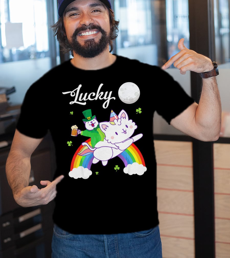 Lucky Leprechaun Cat Riding Unicorn Cat Over Rainbow With Beer And Moon T-Shirt