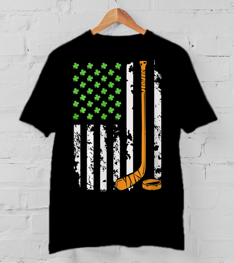 Irish American Hockey Sticks And Shamrocks Flag T-Shirt