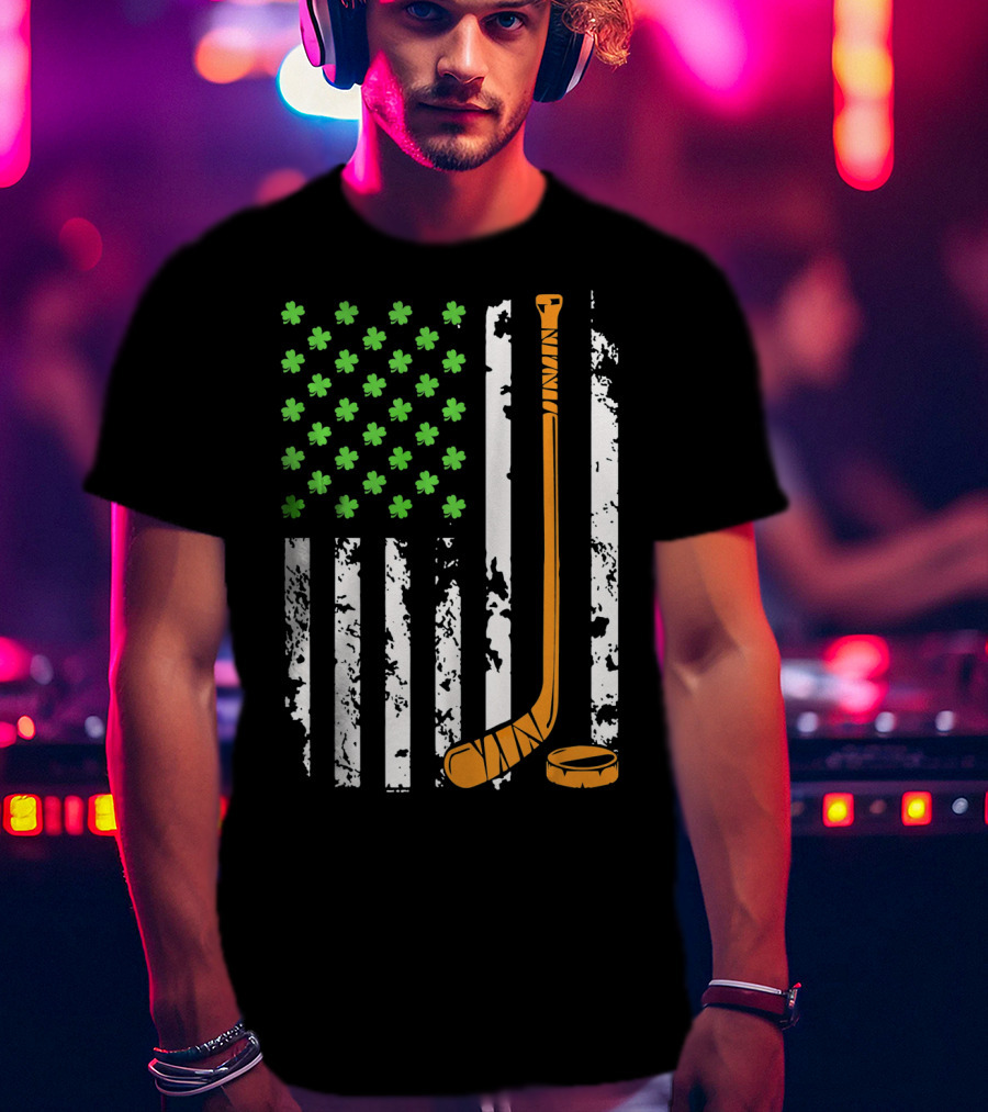 Irish American Hockey Sticks And Shamrocks Flag T-Shirt
