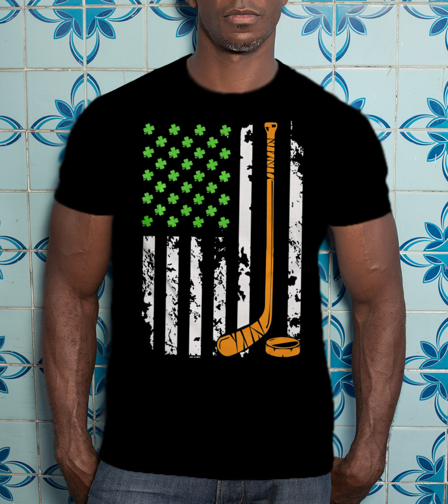Irish American Hockey Sticks And Shamrocks Flag T-Shirt