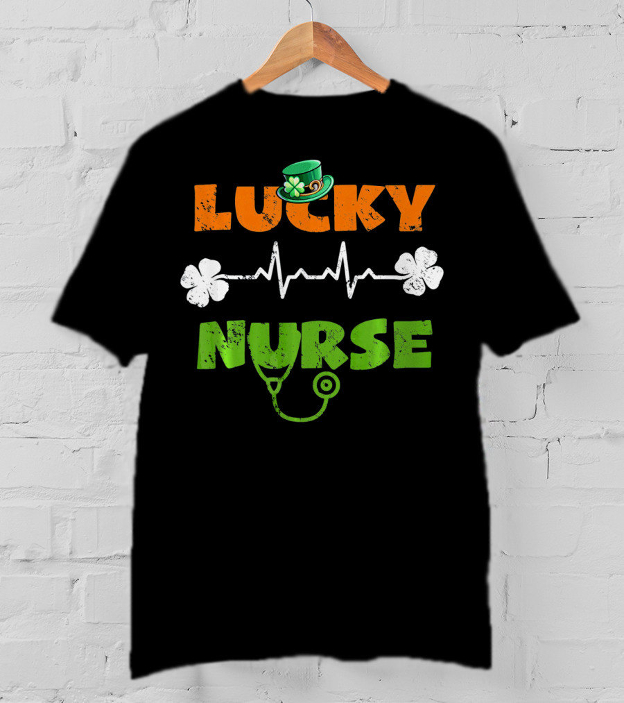 Lucky Nurse Shamrock Heartbeat Stethoscope Hat T-Shirt
