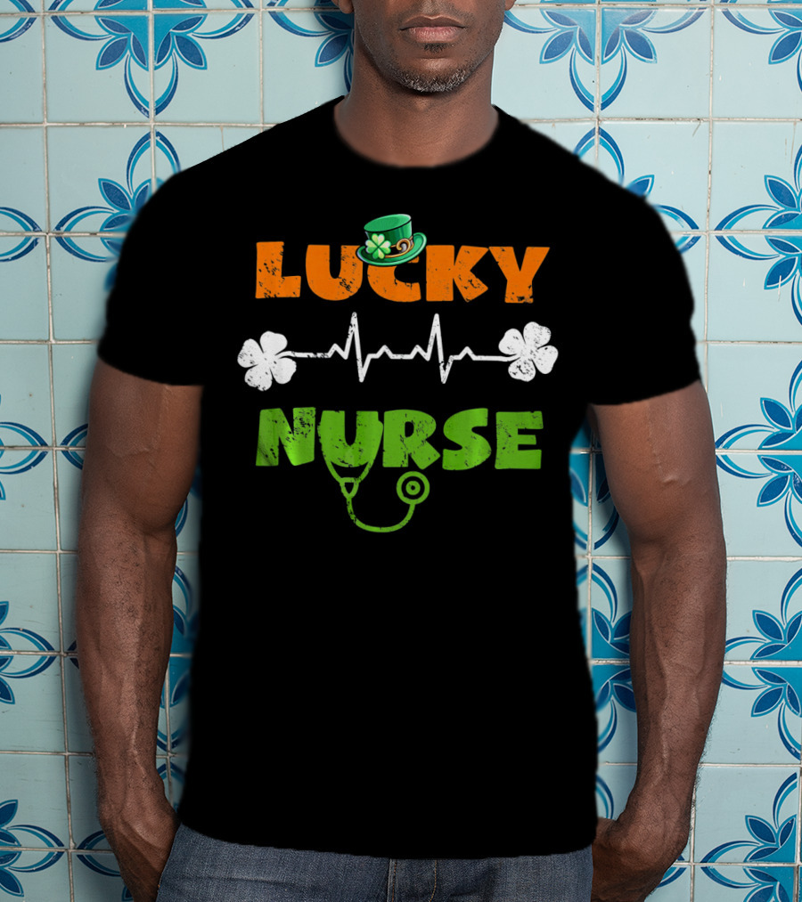 Lucky Nurse Shamrock Heartbeat Stethoscope Hat T-Shirt
