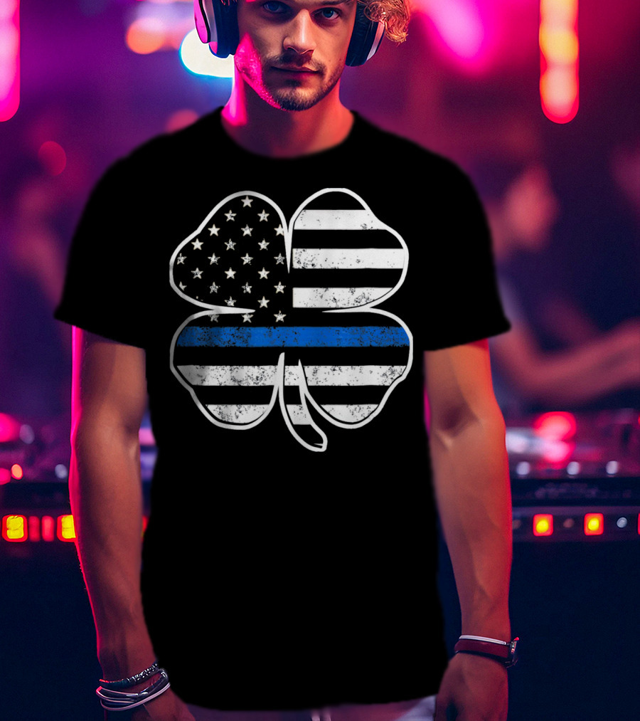 Police Flag Thin Blue Line Shamrock T-Shirt