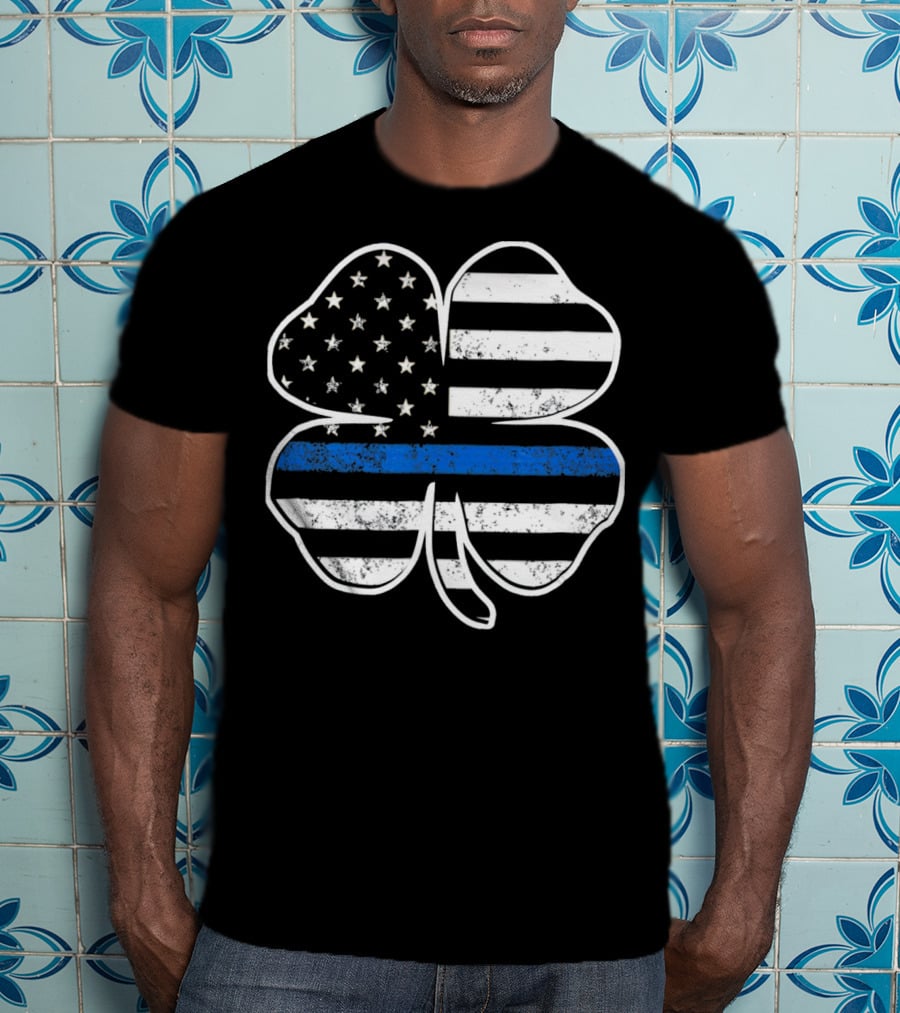 Police Flag Thin Blue Line Shamrock T-Shirt