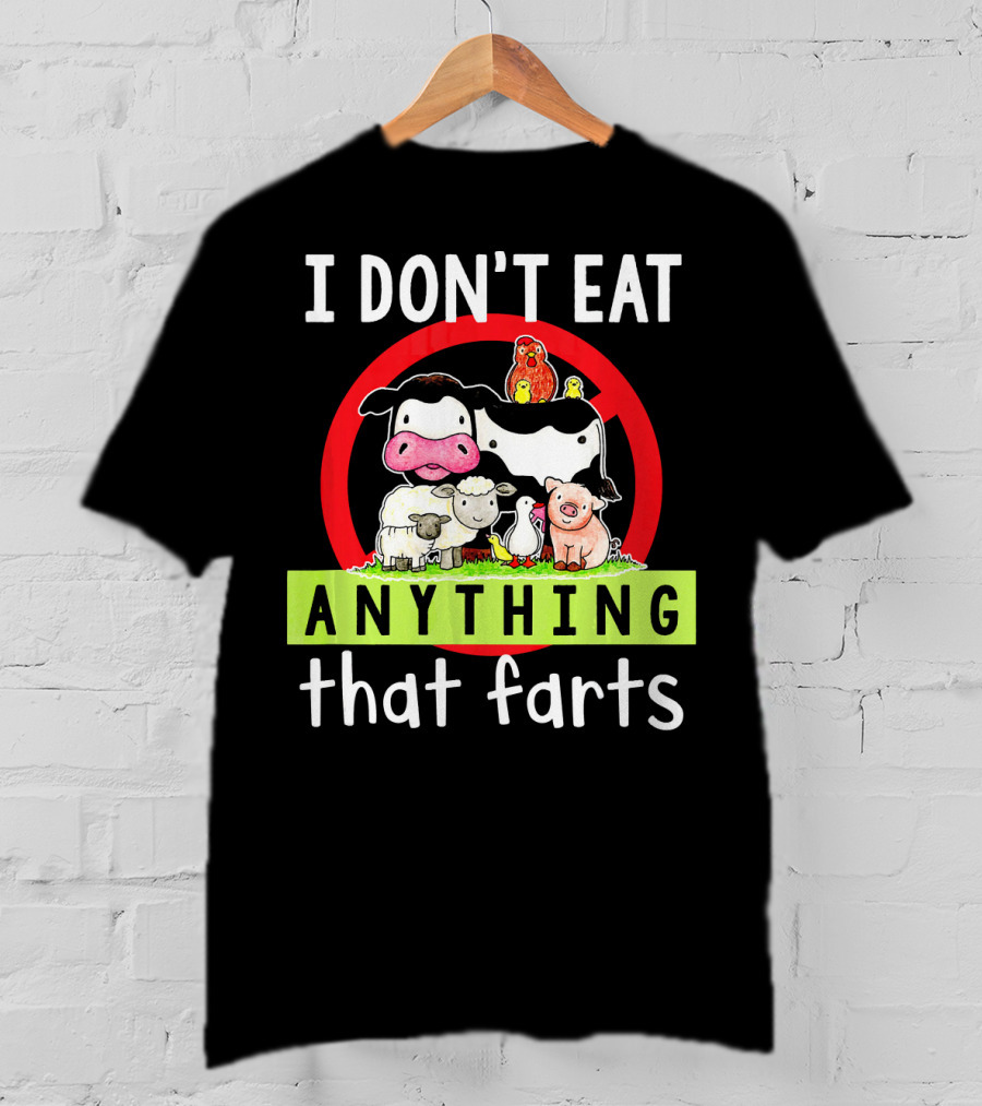 I Don't Eat Anything That Farts Vegetaria Cow Sheep Pig Chicken Cartoon T-Shirt