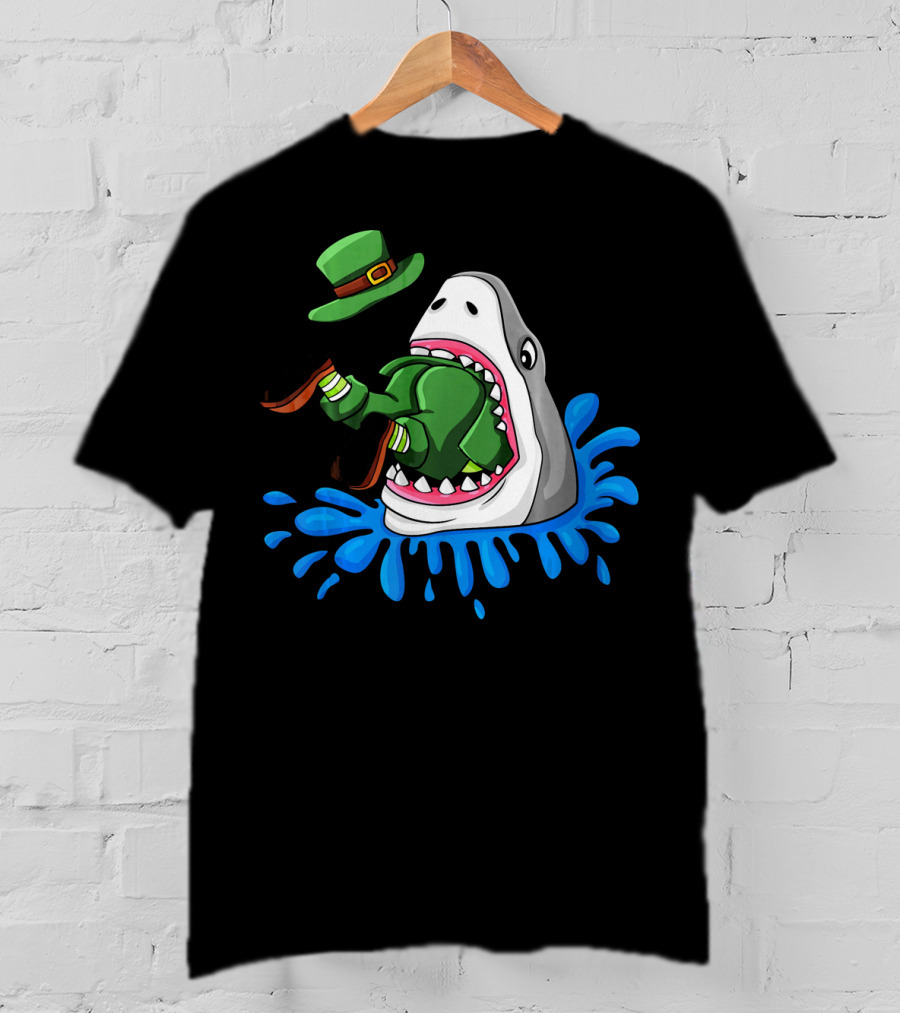 Shark Swallowing Green Leprechaun Hat Splashing Water T-Shirt