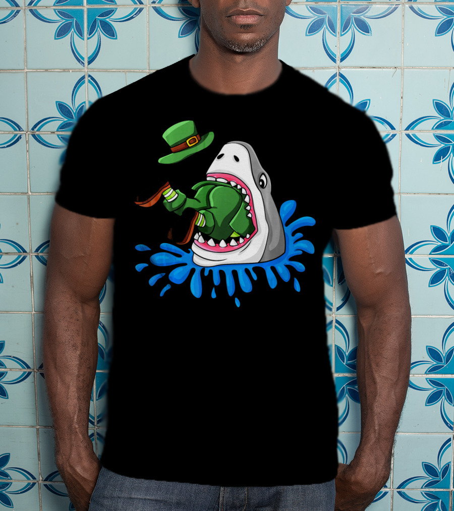 Shark Swallowing Green Leprechaun Hat Splashing Water T-Shirt
