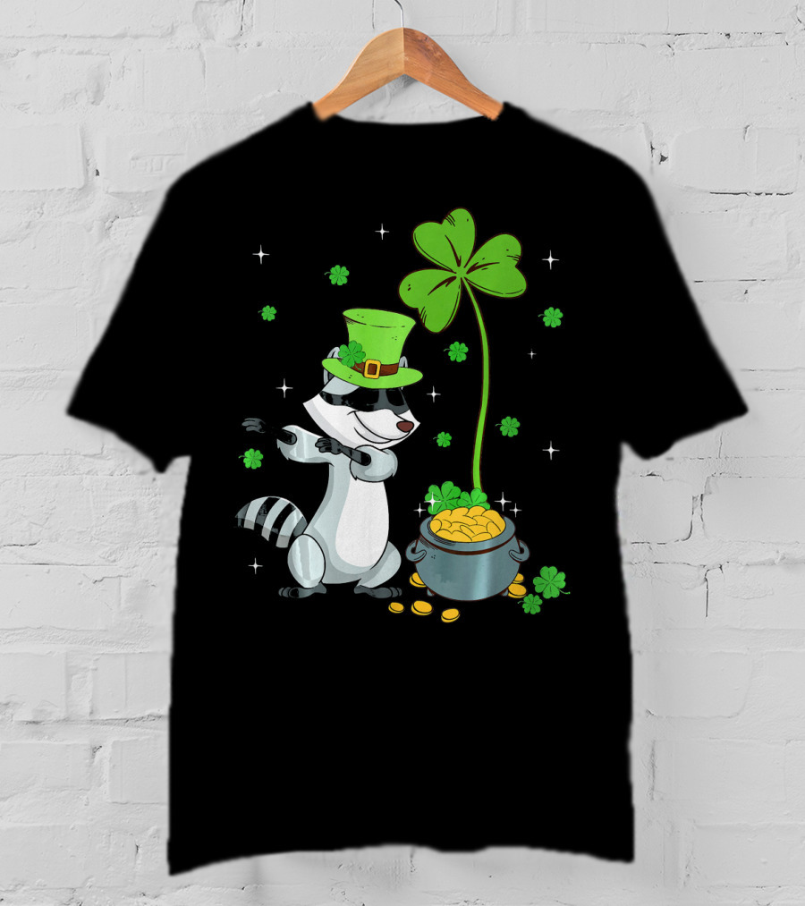 Shamrock Leprechaun Raccoon With Pot Of Gold And Clover St Patricks T-Shirt