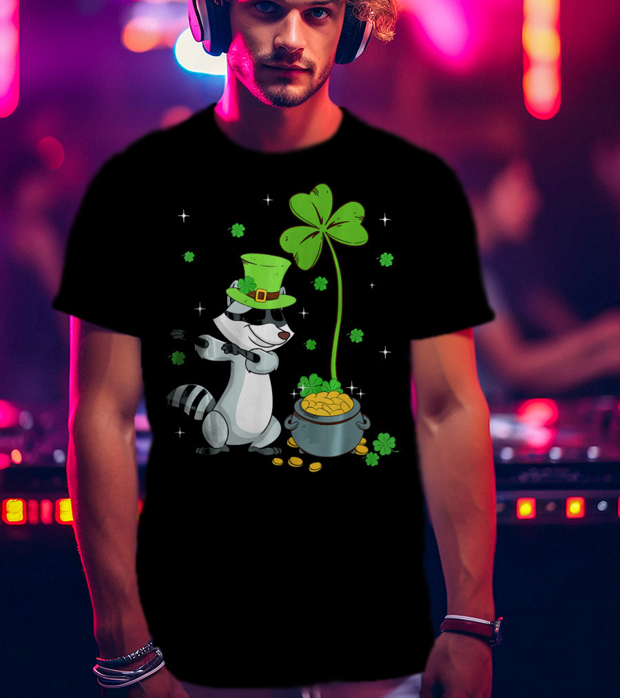 Shamrock Leprechaun Raccoon With Pot Of Gold And Clover St Patricks T-Shirt