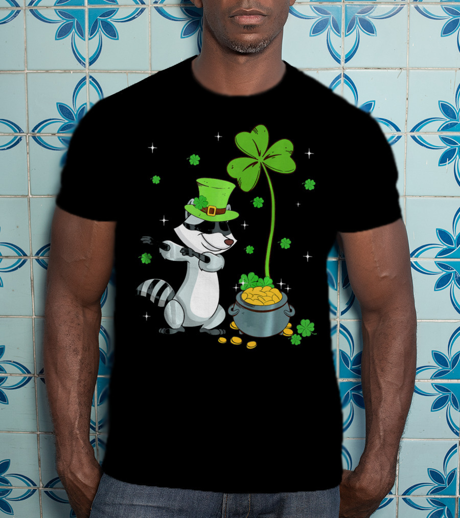 Shamrock Leprechaun Raccoon With Pot Of Gold And Clover St Patricks T-Shirt