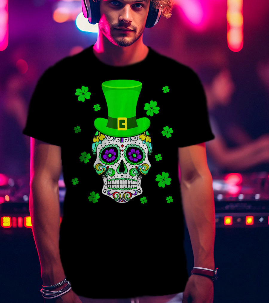 Leprechaun Sugar Skull Shamrock St Patrick's Day T-Shirt