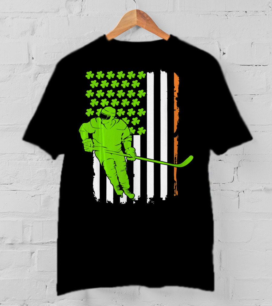 Irish American Flag St Pat Hockey Player Shamrock Stars T-Shirt
