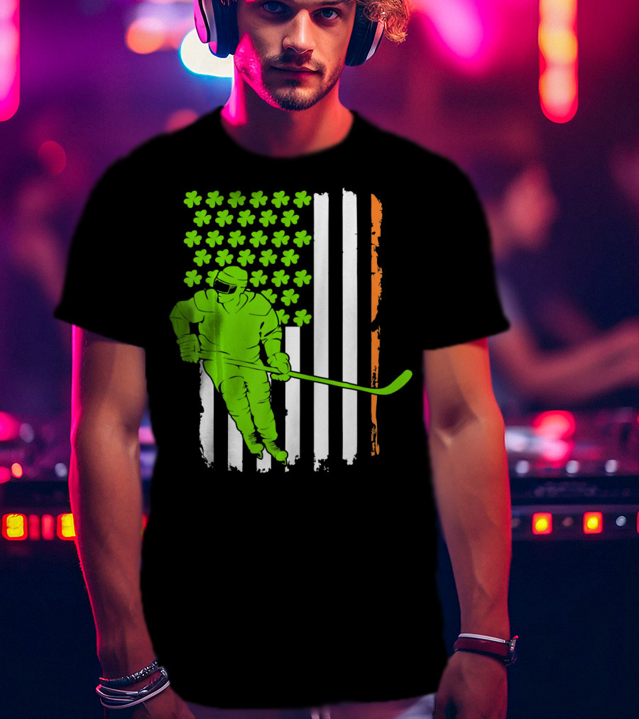 Irish American Flag St Pat Hockey Player Shamrock Stars T-Shirt