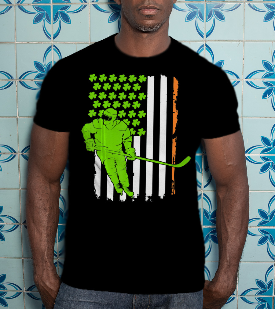 Irish American Flag St Pat Hockey Player Shamrock Stars T-Shirt