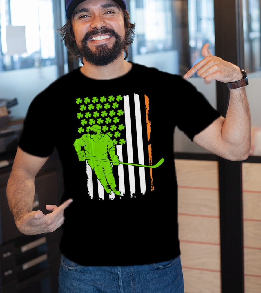 Irish American Flag St Pat Hockey Player Shamrock Stars T-Shirt