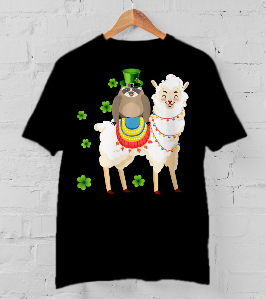 Leprechaun Sloth Riding Llama St Patrick's Day With Shamrocks T-Shirt