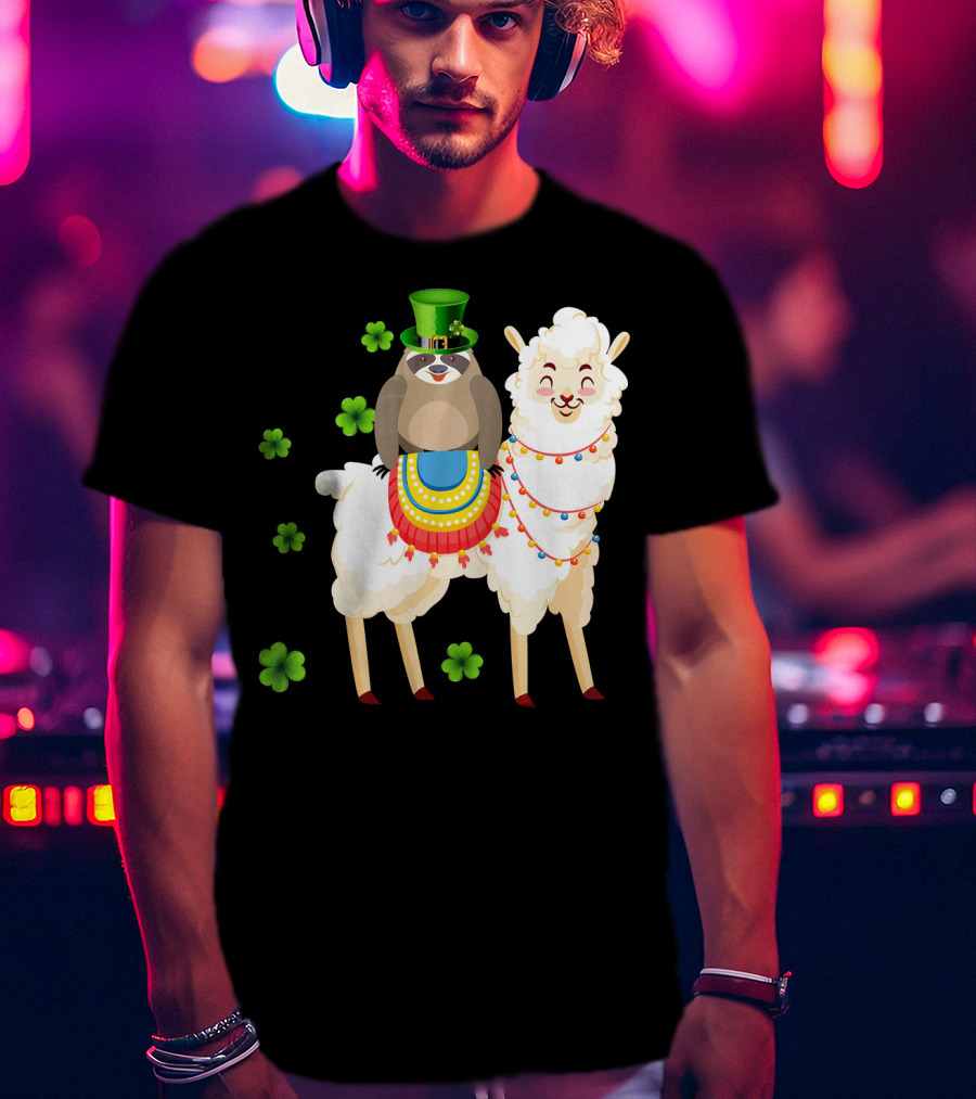 Leprechaun Sloth Riding Llama St Patrick's Day With Shamrocks T-Shirt
