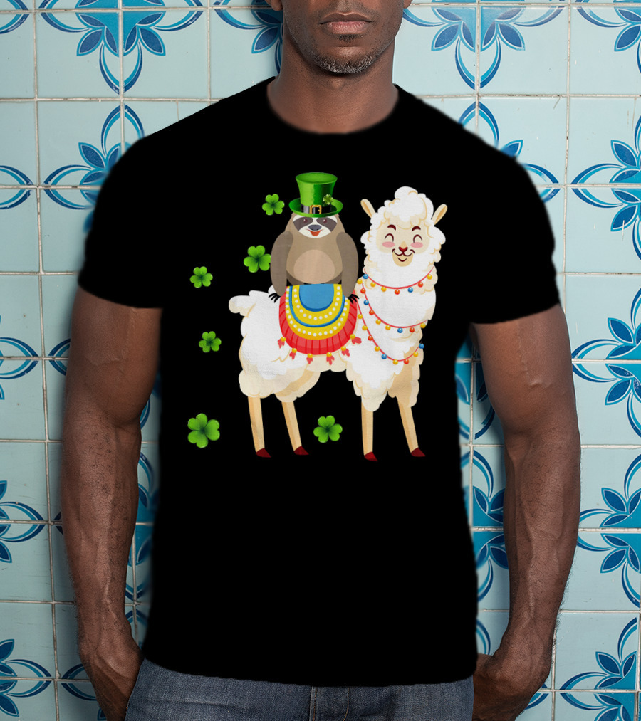 Leprechaun Sloth Riding Llama St Patrick's Day With Shamrocks T-Shirt