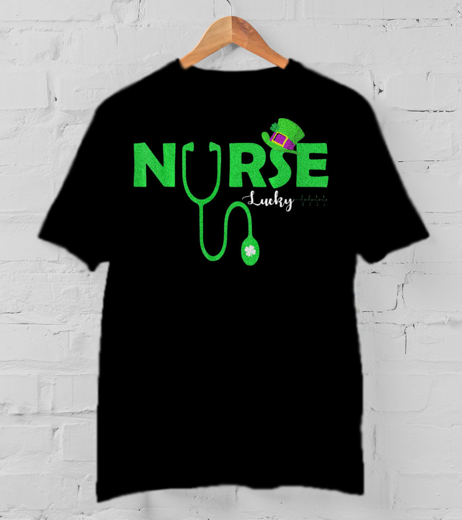 Lucky Nurse St. Patrick's Day With Shamrock Stethoscope And Leprechaun Hat T-Shirt