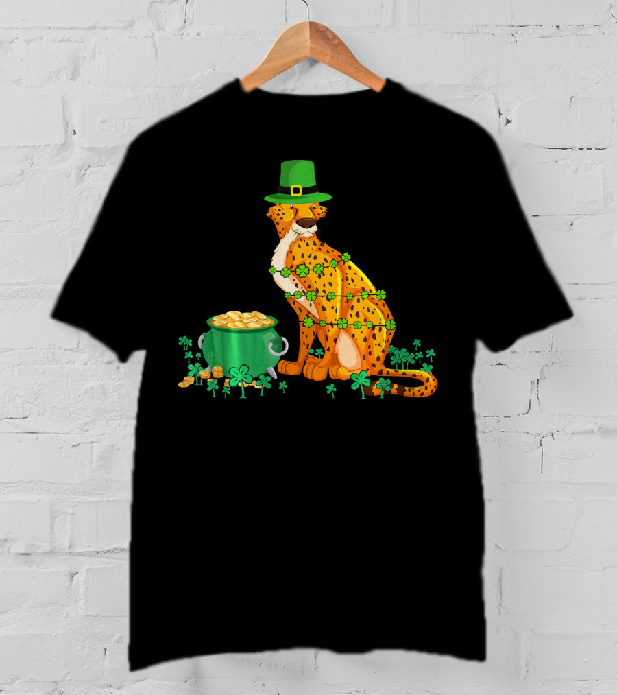 Leprechaun Cheetah Covered In Shamrocks With Pot Of Gold T-Shirt
