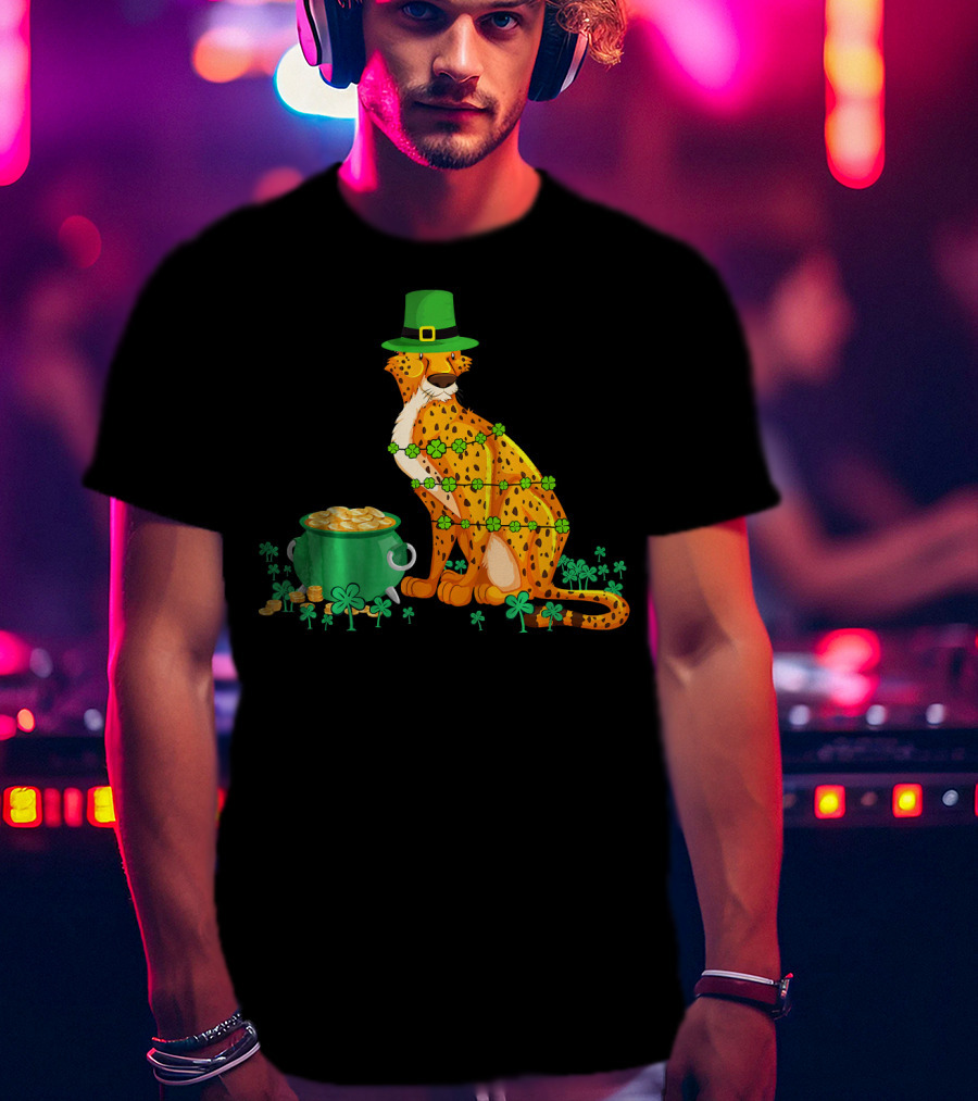Leprechaun Cheetah Covered In Shamrocks With Pot Of Gold T-Shirt