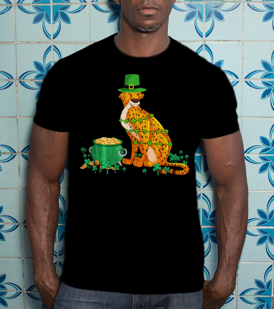 Leprechaun Cheetah Covered In Shamrocks With Pot Of Gold T-Shirt