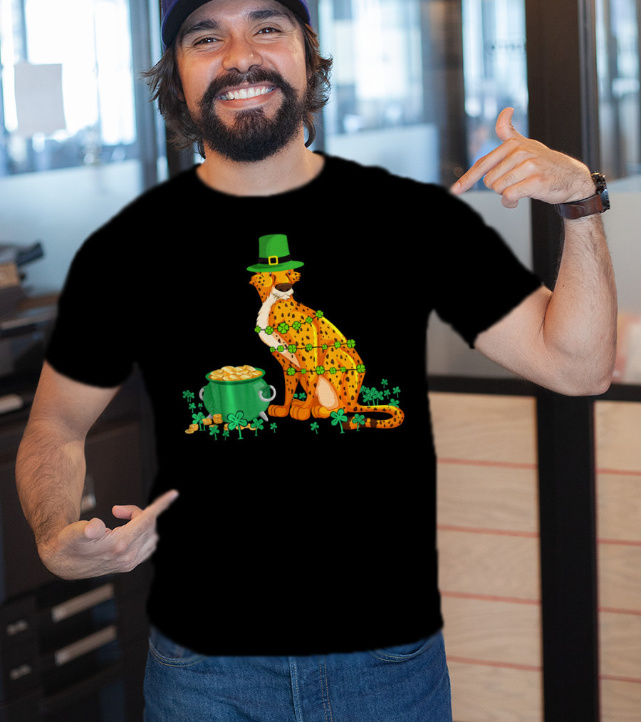 Leprechaun Cheetah Covered In Shamrocks With Pot Of Gold T-Shirt
