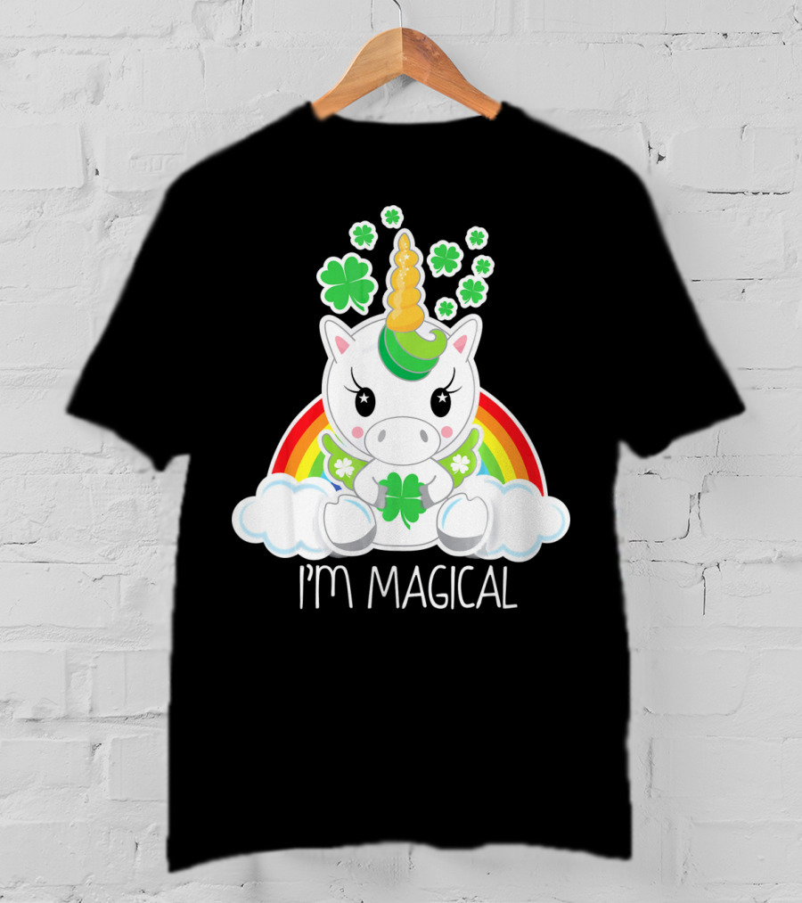 Girls Cute Unicorn I'm Magical Rainbow Clover T-Shirt