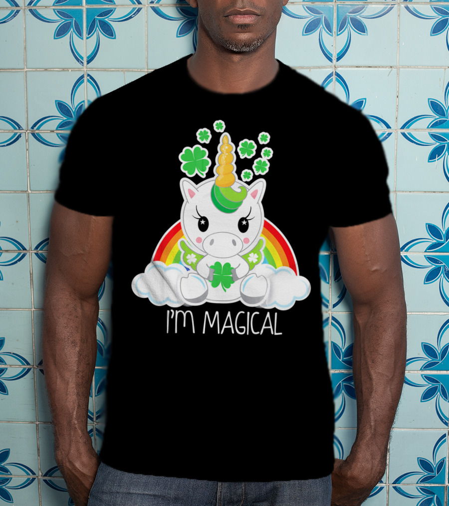 Girls Cute Unicorn I'm Magical Rainbow Clover T-Shirt