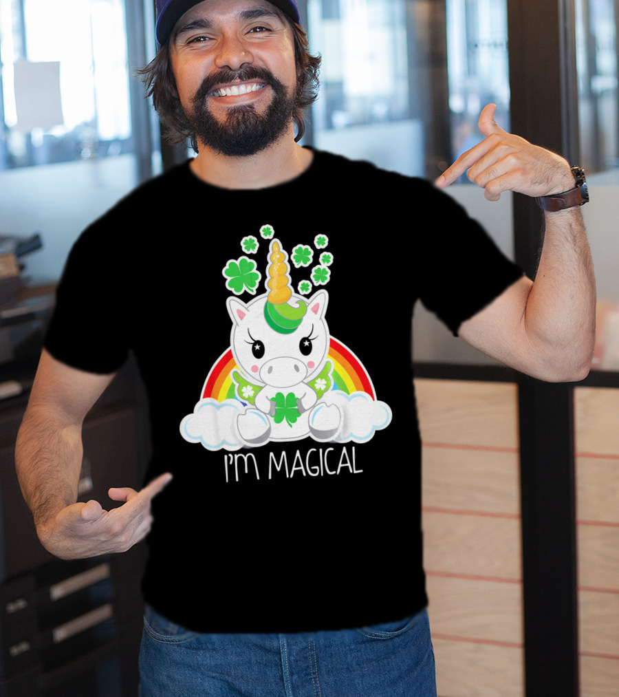 Girls Cute Unicorn I'm Magical Rainbow Clover T-Shirt