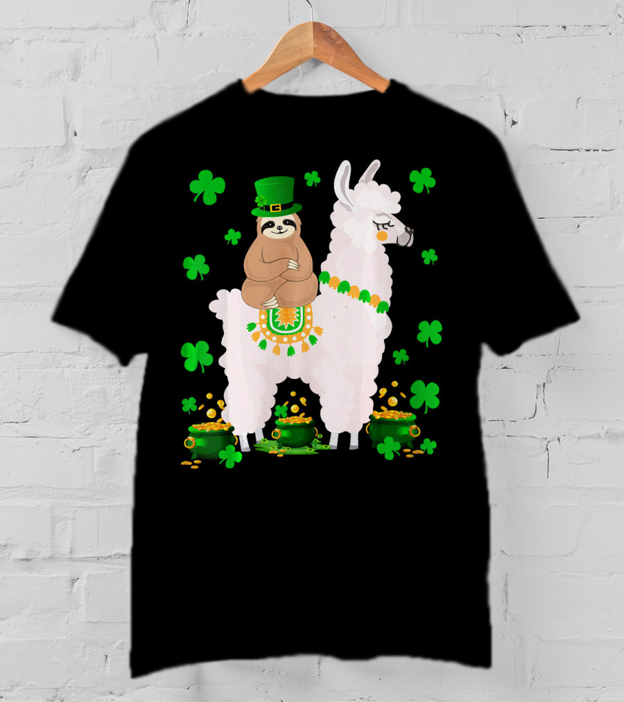 Leprechaun Sloth Riding Llama Surrounded By Shamrocks And Gold Coins St. Patric T-Shirt