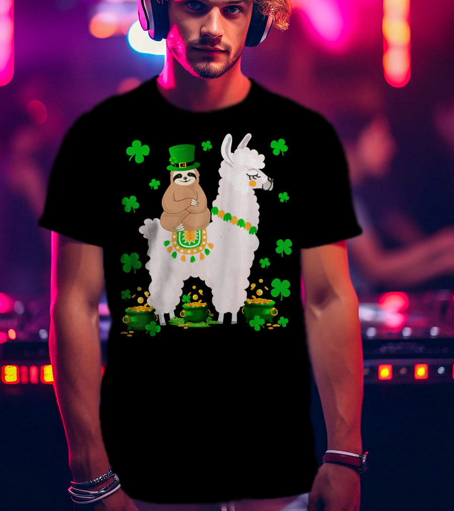 Leprechaun Sloth Riding Llama Surrounded By Shamrocks And Gold Coins St. Patric T-Shirt