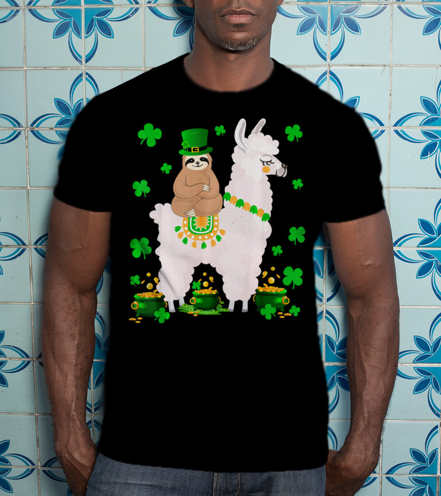 Leprechaun Sloth Riding Llama Surrounded By Shamrocks And Gold Coins St. Patric T-Shirt