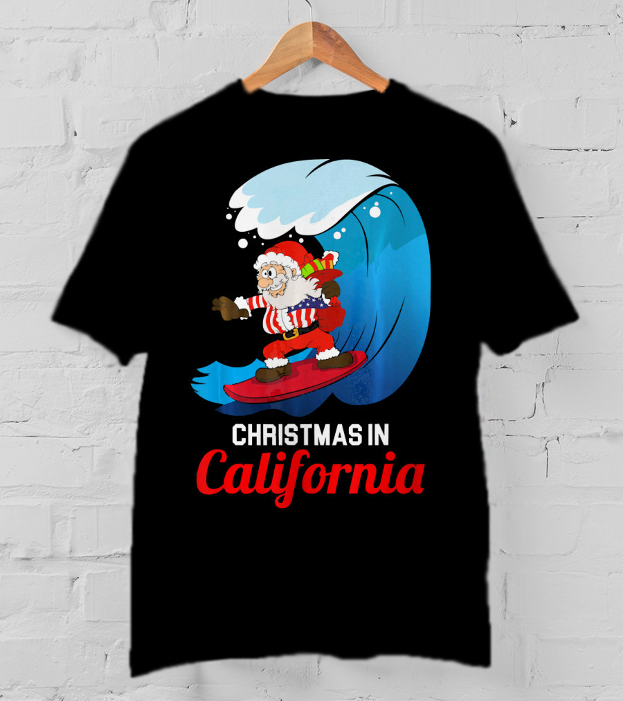 Santa Surfing Christmas In California T-Shirt