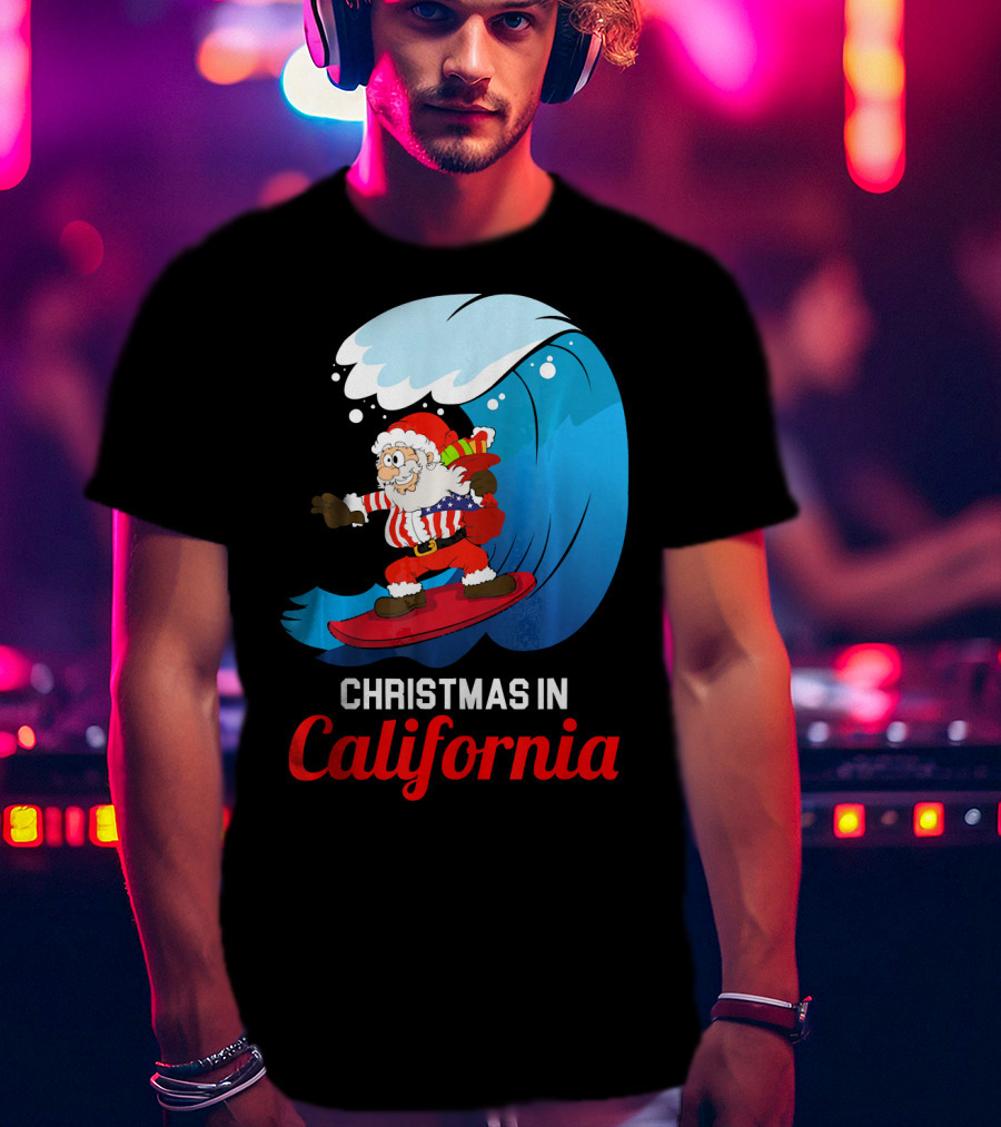 Santa Surfing Christmas In California T-Shirt