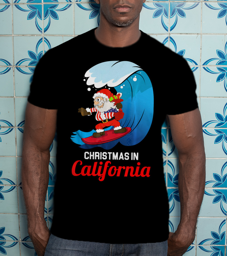 Santa Surfing Christmas In California T-Shirt