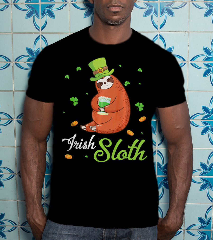 Irish Sloth Leprechaun Drinking Shamrocks Go T-Shirt
