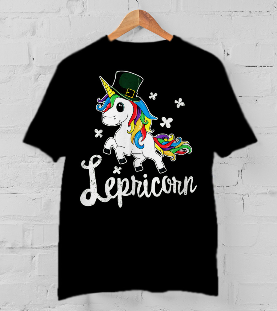 Lepricorn St Patricks Day Unicorn With Rainbow Mane And Leprechaun Hat T-Shirt