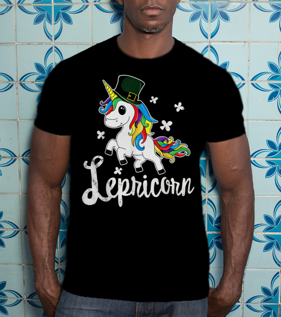 Lepricorn St Patricks Day Unicorn With Rainbow Mane And Leprechaun Hat T-Shirt