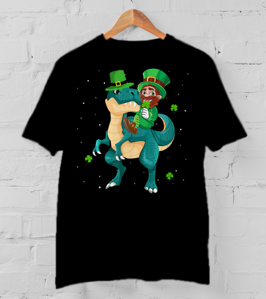 Leprechaun Riding Rex Dinosaur With Shamrocks And Stars T-Shirt